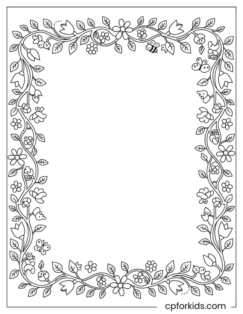 Vertical A4 frame decorated with winding spring vines and tiny budding flowers around a blank white center.