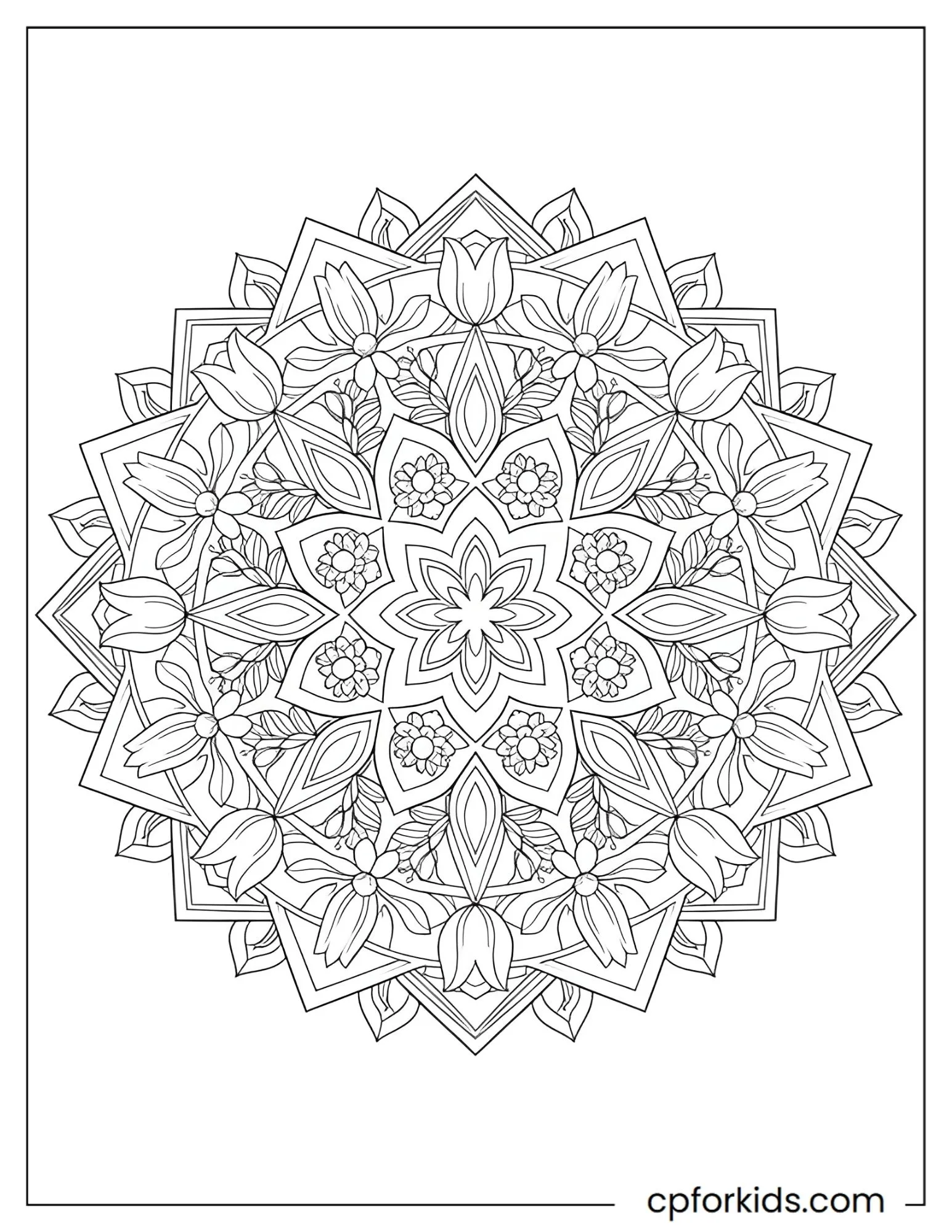 Floral mandala with tulips and daisies