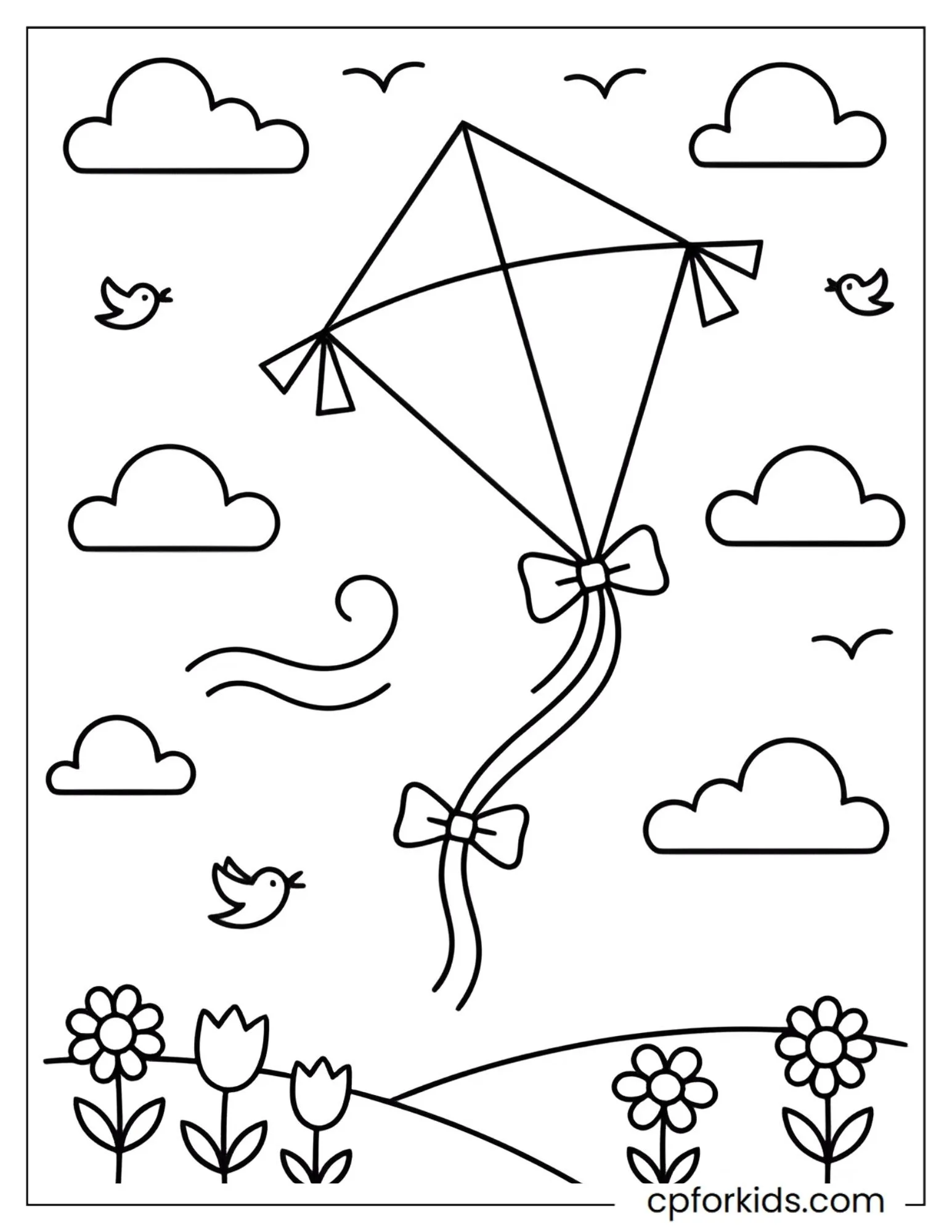 Diamond kite flying among clouds and birds