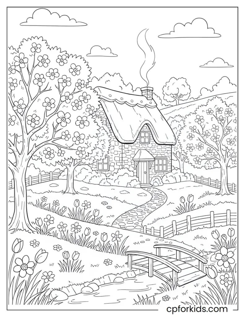 A small countryside cottage nestled between blooming fruit trees and a picket fence in a spring meadow.