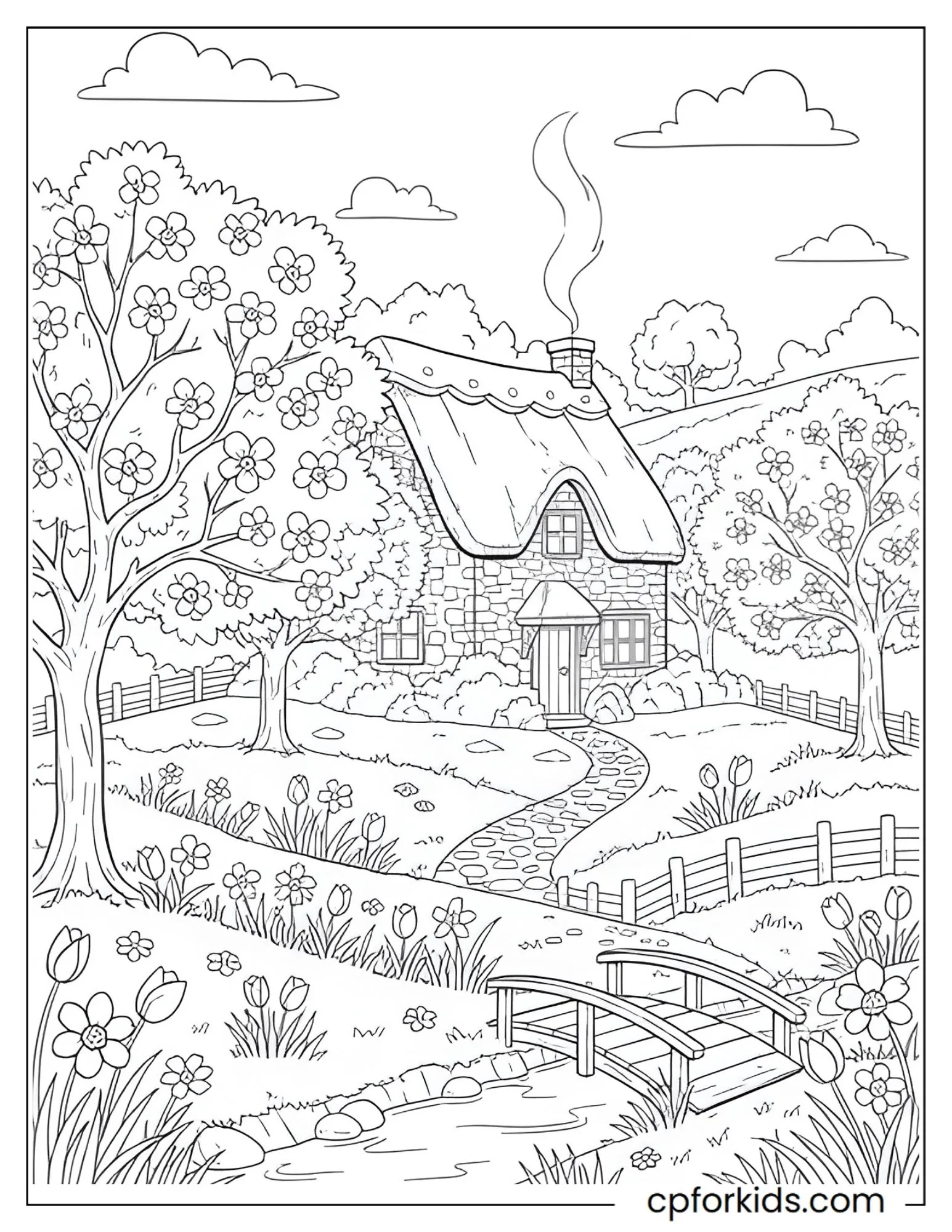 Cottage between blooming fruit trees