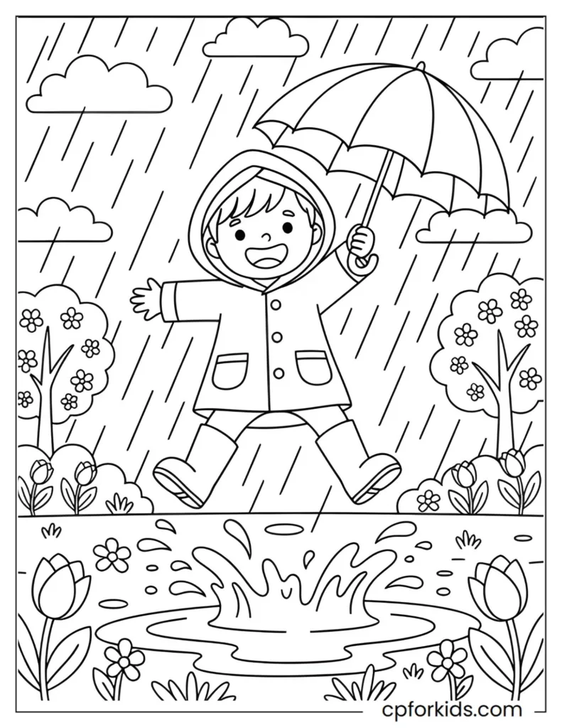 Child in a raincoat jumping in spring puddles, rainy day coloring activity.