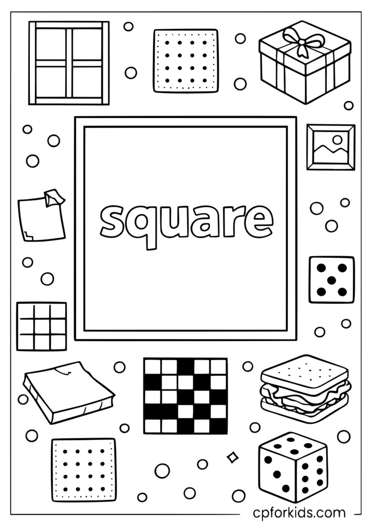 Square shape coloring page with large square and mini square objects all around for kids
