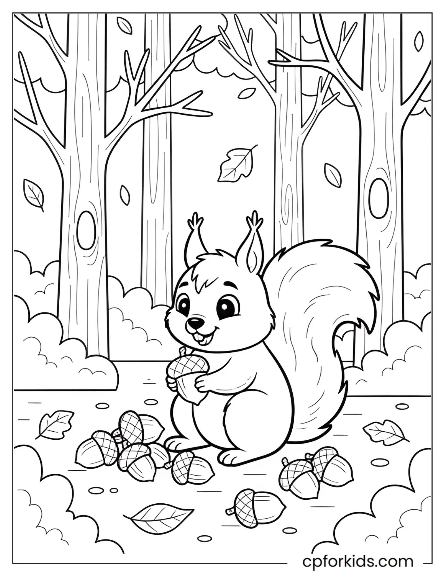 Squirrel gathering acorns on the forest floor