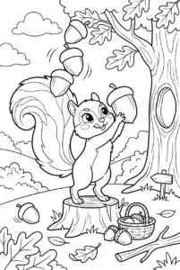 Cute squirrel building a giant wobbly acorn tower