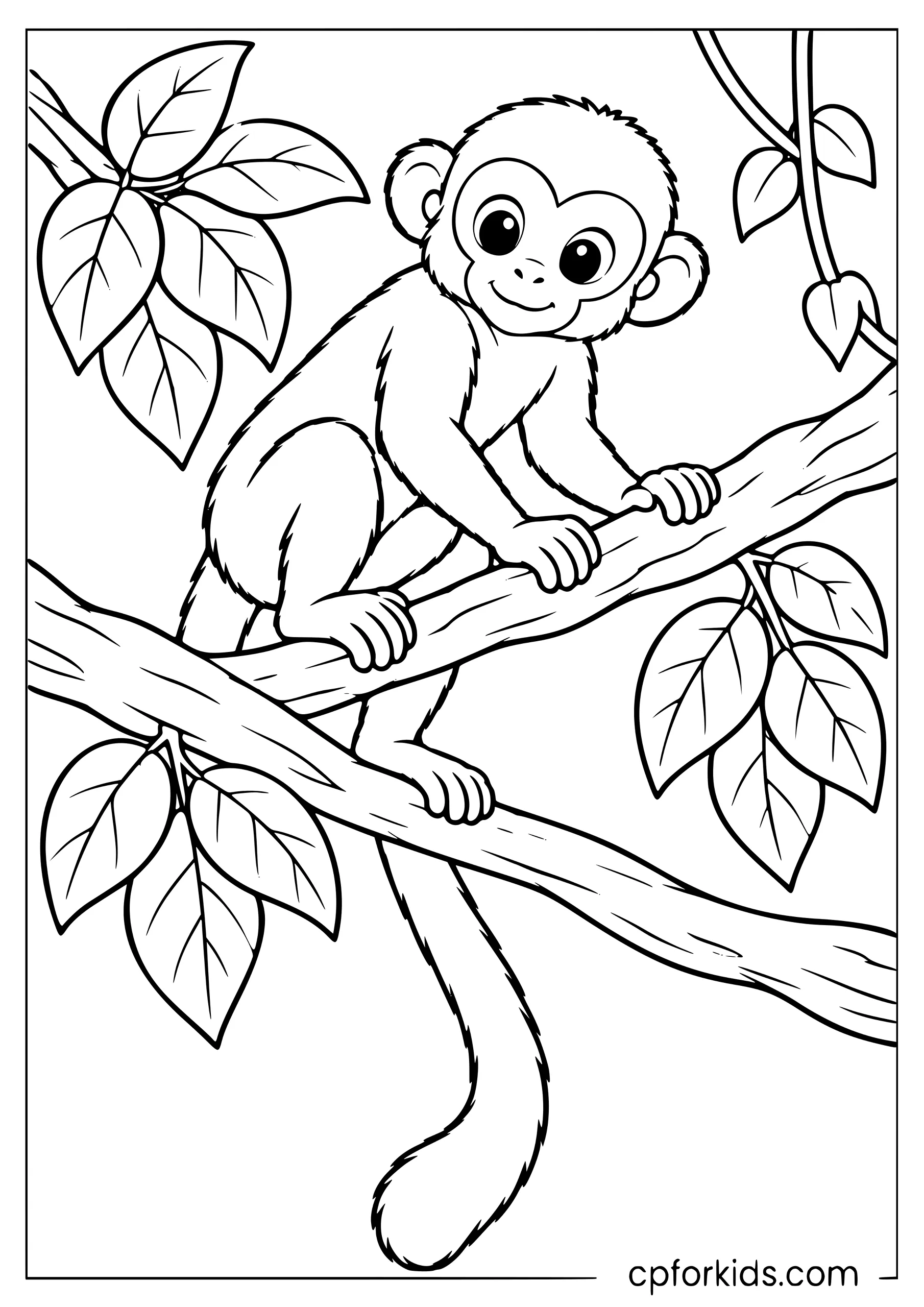 Squirrel monkey perched between two leafy tree branches