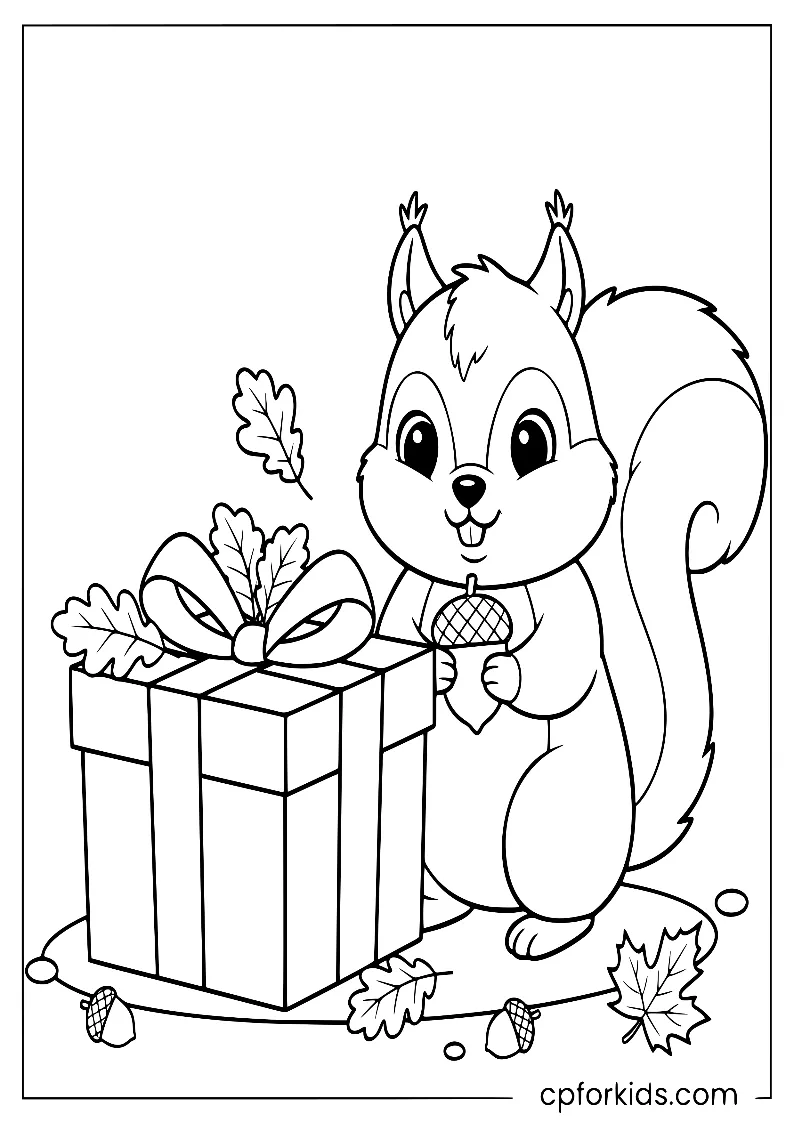 A cute squirrel with a birthday gift box and autumn leaves