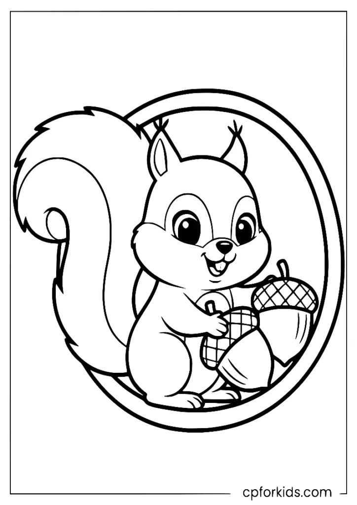 Squirrel placing acorns in a tree hollow, fall coloring page for kids