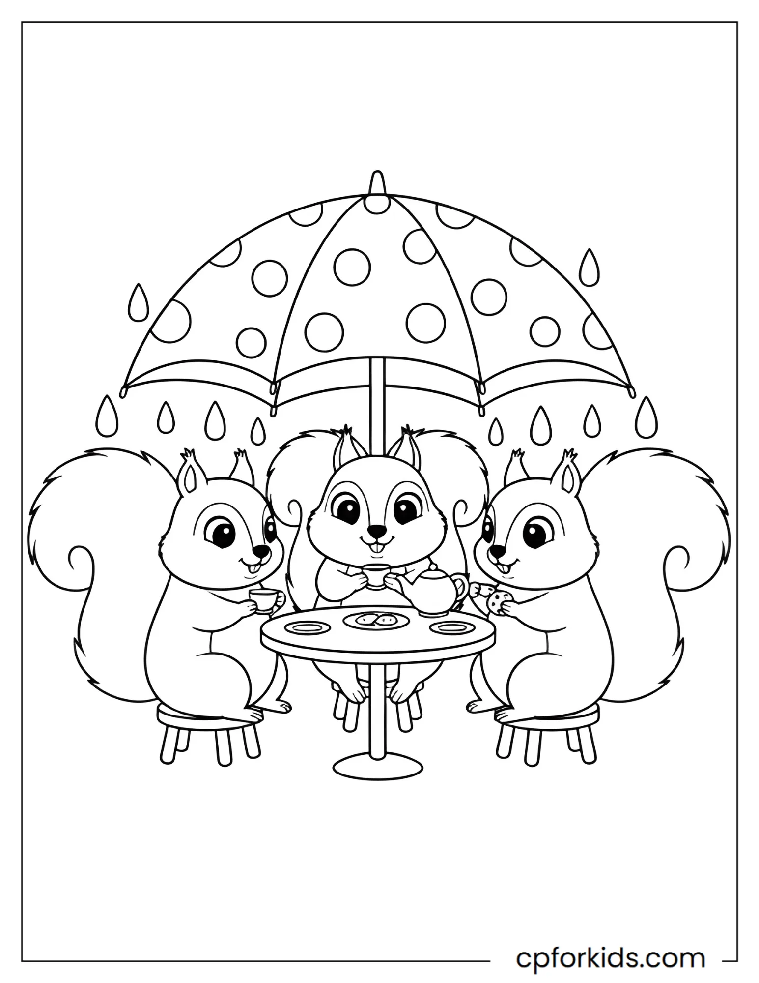 Squirrels holding a tea party together under one umbrella