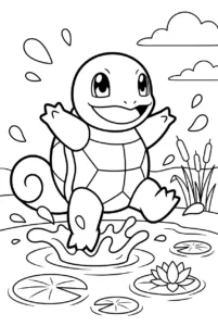 Squirtle splashing through a pond with lily pads and water drops