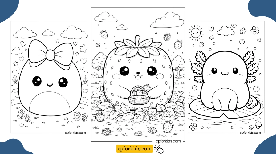 Squishmallow coloring pages showing a bow Squishmallow, strawberry Squishmallow with basket, and axolotl Squishmallow on lily pad