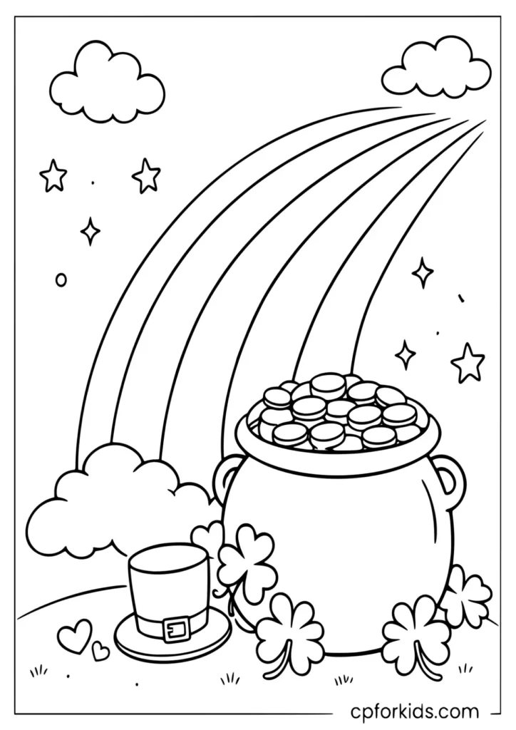 St Patrick’s Day rainbow and pot of gold coloring sheet