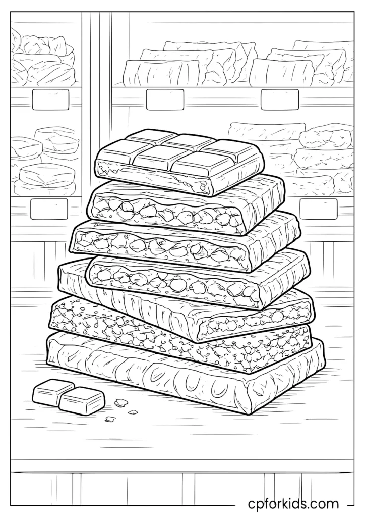 Stacked candy bars arranged on a display shelf