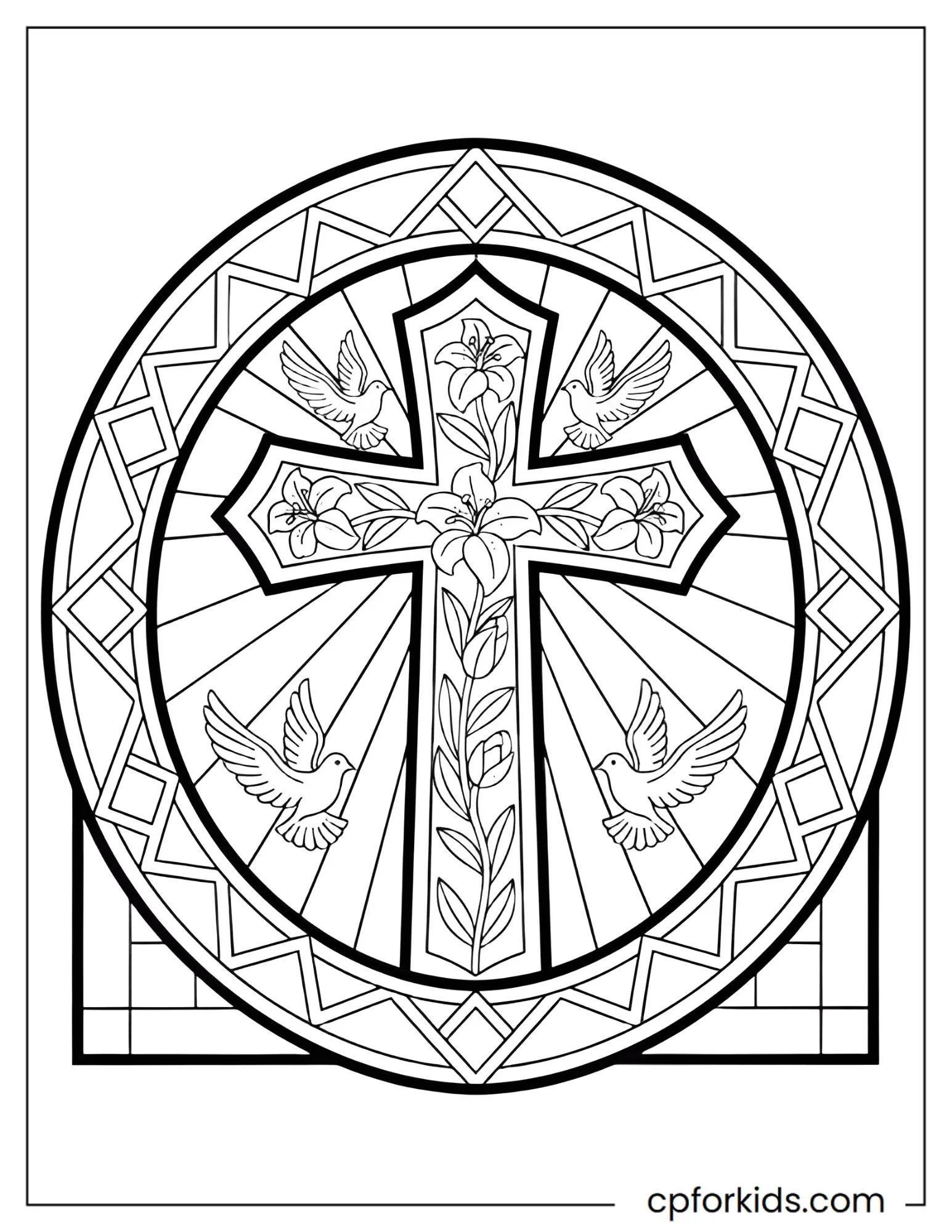 Stained glass cross surrounded by Easter symbols