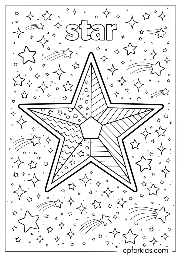 Star shape coloring page with large star and mini star details and sparkles for kids
