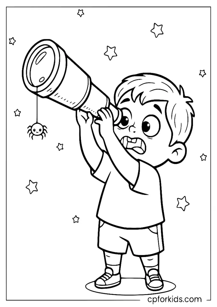Child scared of a spider on a telescope at night coloring page