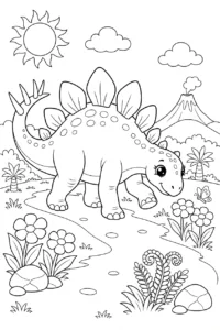 Stegosaurus walking through a prehistoric field online coloring page