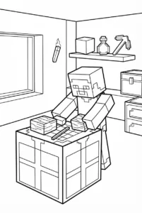 Steve crafting an item at a Minecraft crafting table