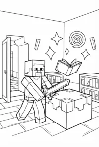 Steve enchanting a sword beside a Minecraft enchanting table
