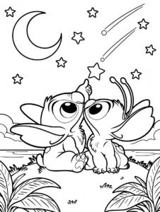 Stitch and Angel stargazing beneath a crescent moon