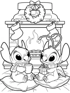 Stitch and Angel sitting by a Christmas fireplace