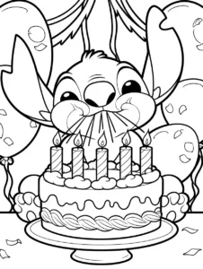Stitch blowing out candles on a birthday cake