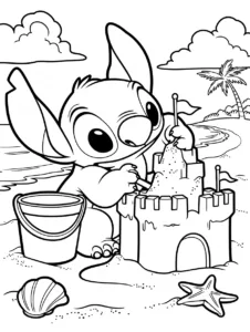 Stitch building a sandcastle on the beach
