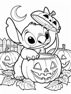 Stitch carving a friendly Halloween pumpkin