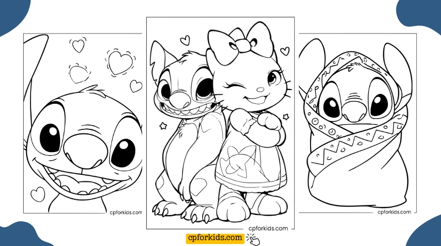 Collection of free printable Stitch coloring pages for kids featuring kawaii, action and Lilo and Stitch scenes