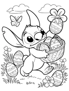 Stitch hunting for Easter eggs with a basket