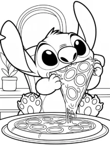 Stitch eating a giant slice of pizza