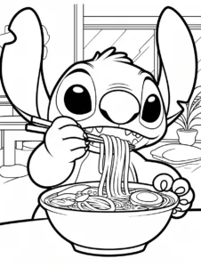 Stitch eating ramen noodles from a large bowl