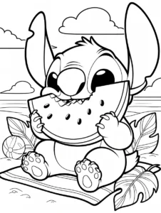Stitch eating a large watermelon slice on the beach