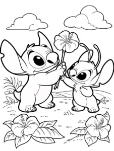 Stitch giving Angel a large tropical flower
