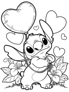 Stitch holding a heart balloon for Valentine's Day
