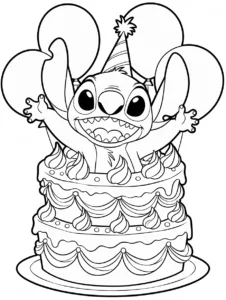 Stitch jumping out of a giant birthday cake
