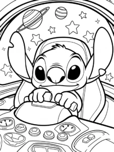 Stitch piloting a spaceship through outer space