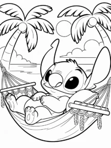 Stitch relaxing in a hammock by the ocean