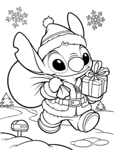 Stitch dressed as Santa's helper carrying presents