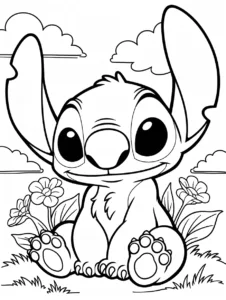 Stitch sitting down with simple flowers and leaves