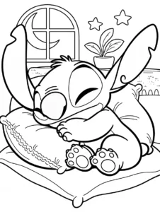Stitch sleeping peacefully on a soft cushion