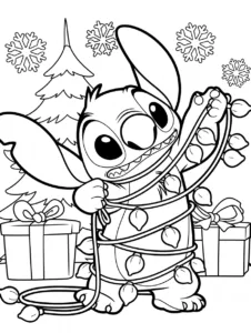 Stitch tangled in a strand of Christmas lights