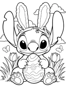 Stitch wearing bunny ears and holding an Easter egg
