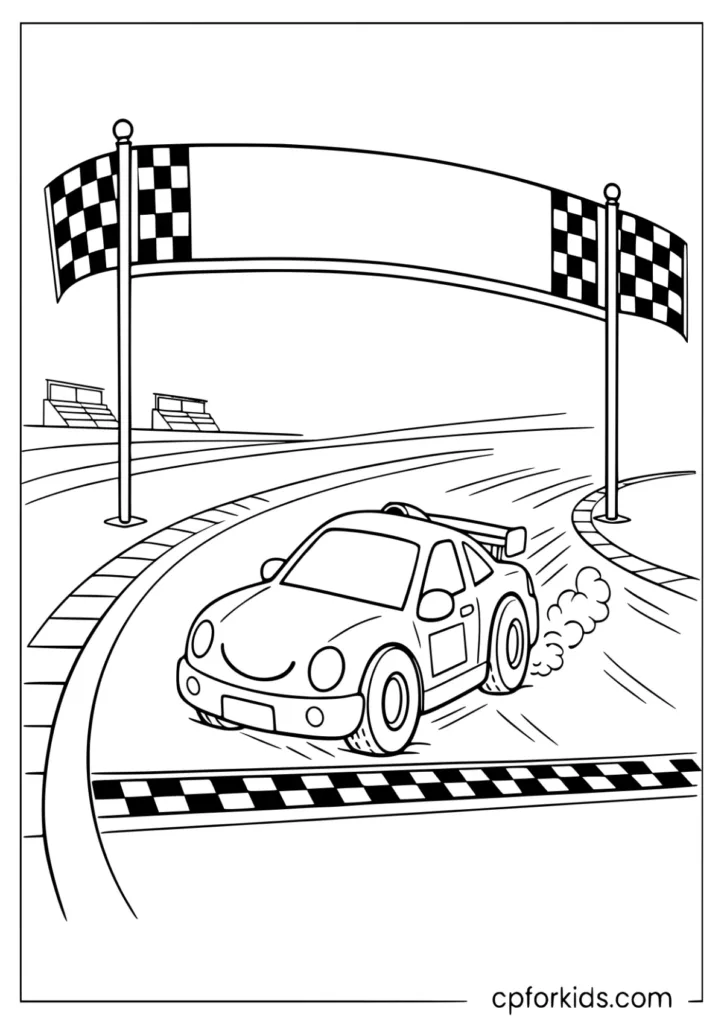 Stock race car passing a blank finish banner with flags and a checkered track line coloring page printable