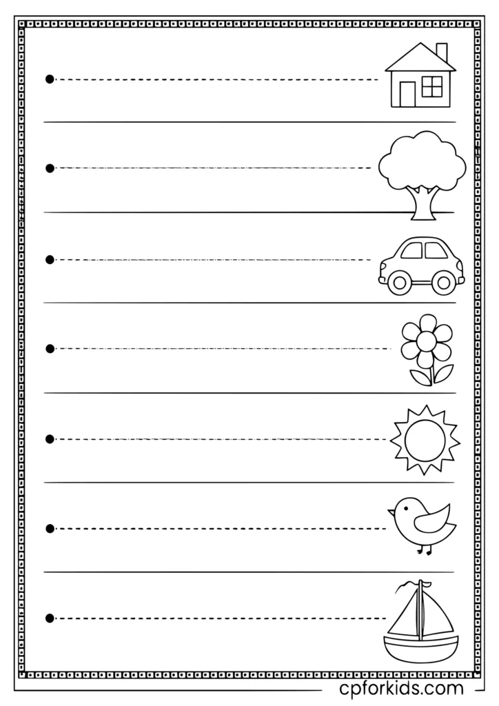 Straight line tracing coloring page with horizontal dotted lines and colorable scenes