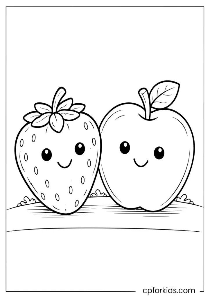 Strawberry and apple healthy food coloring page for kids