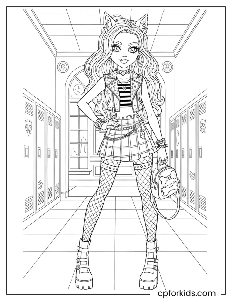 Stylish modern werewolf girl with fashionable details, "Monster High" inspired coloring page.