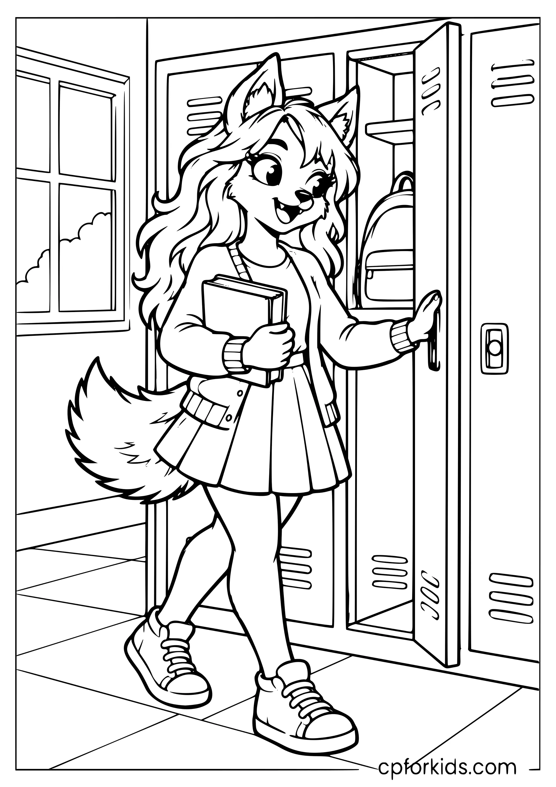 Werewolf girl opening a school locker while holding books