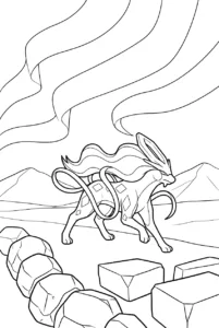 Suicune running across snow beneath large northern light bands