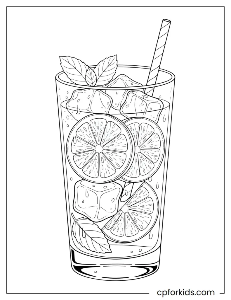 Summer drink coloring page showing a refreshing glass of iced lemonade with a lemon slice and an umbrella.